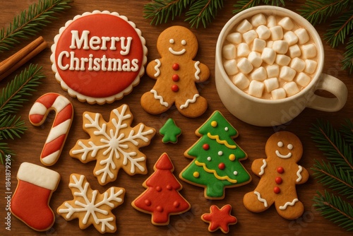 Wooden table with Christmas cookies and hot cocoa creating a warm holiday mood
