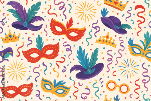 Festive carnival pattern with colorful icons on white background
