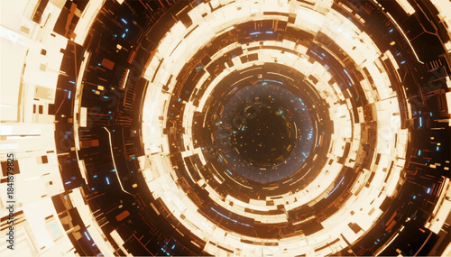 A kinetic portal with concentric rings, flowing particles and a depth that leads to infinity. Suitable for space stories and sci‑fi covers. Vector graphics. EPS_02.