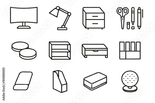 Minimalist stationery drawer vector holder tray desk light rest icon whiteboard monitor