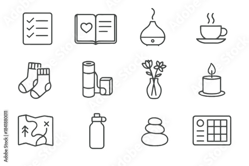 Weekend essential journal mindfulness map vector socks icons icon mindful soothing slow