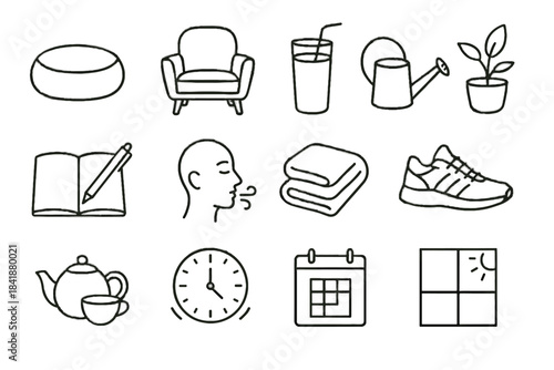 Chair rest calendar icon smoothie cushion sunlight reading set mindful pen icons