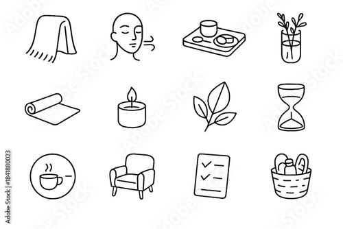 Weekend warm glass candle herbs icon vector mindful break blanket icons home