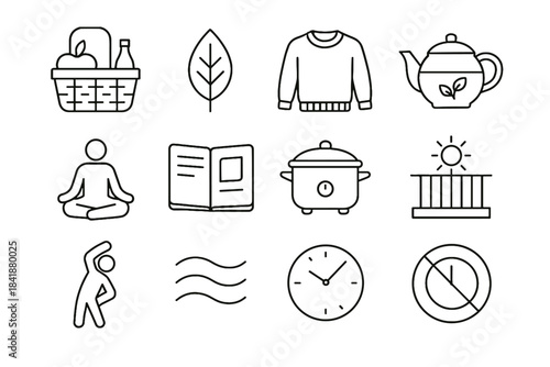Herbal stretch weekend icons restful meditation symbol picnic balcony notebook icon vector