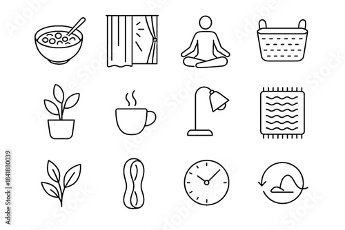 Weekend breakfast leaf yoga icons reading plant flow unplug mindful vector home