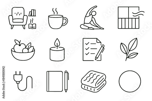 Relaxing sheet breeze vector snack reset fruit mindful icon yoga collection soft