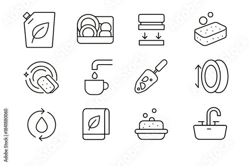 Scoop sink vector pouch eco dishwashing cycle icon storage drying dish icons