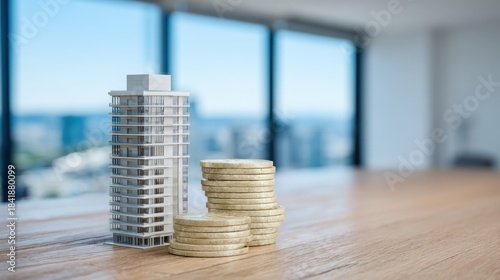Modern high-rise building model with stacked coins on wooden desk. Real estate investment, financial planning and property development concept in office environment