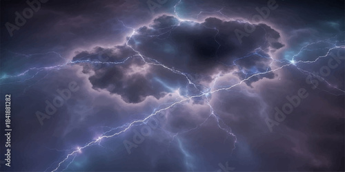 Dramatic lightning in the dark, stormy night sky with clouds