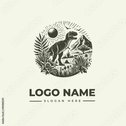 A dinosaur standing in a prehistoric landscape with a sun and mountains, surrounded by plants and a logo name in a vector illustration style.