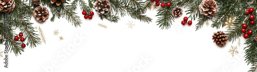 Christmas decorations with pine branches, pinecones, and red berries on a transparent background for festive occasions and seasonal events