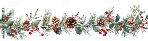 Festive pine and holly arrangement with berries and cones for winter decoration