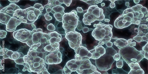 A microscopic 3D rendered illustration of bacteria, cells, and viruses shows a seamless blue pattern representing science and disease