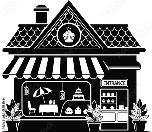 Bakery storefront with cakes and awning vector illustration