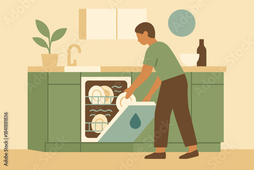 Friendly eco person style kitchen no earth cyrillic colors icon dishwasher vector