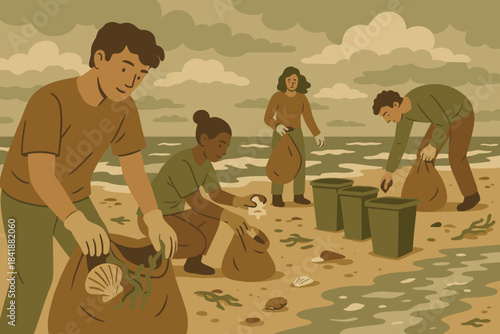 Textured negative volunteers no cloudy wet seaweed sky icon vector cleanup beach