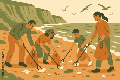 Flat grain vector organic people cleanup icon ocean negative beach picking volunteers