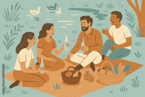 People picnic bottles cream style flat icon eco pond vector pale no