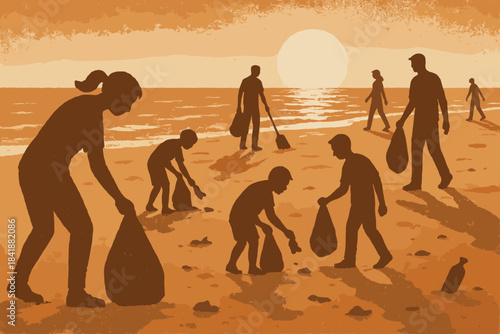 Trash sunrise no grainy letters sand style beach vector icon cleanup organic