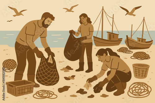 Anbaskets nets pale coastal icon blue cleanup volunteers sea no beige letters