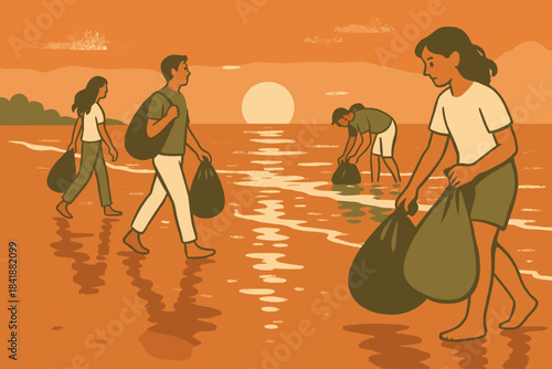 Vector grainy bagslong olive terracotta beach cleanup icon sunset walking orange no