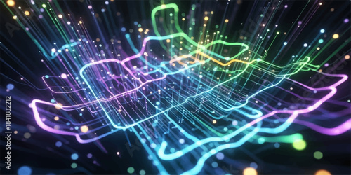 Abstract technology backdrop showing a fractal pattern of digital fiber optics with lots of light spots and a grid design element