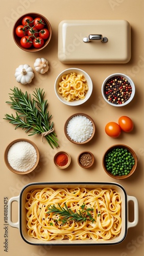 collection ingredients pasta dish arranged beige background two bowls tomato sauce two garlic cloves sprig rosemary bowl white rice two small bowls red black peppercorns two tomatoes small bowl green