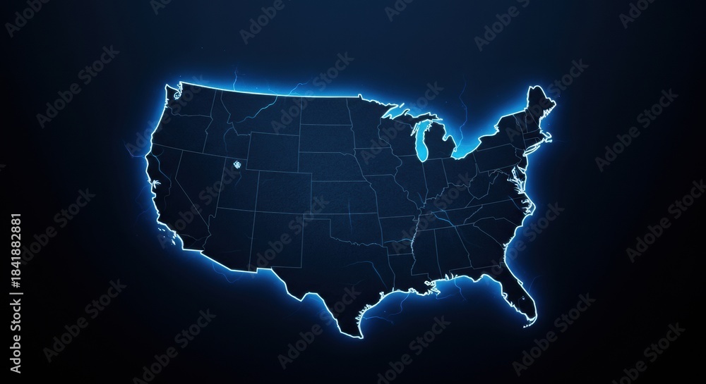 Fototapeta premium United States map outlined in glowing neon on a dark tech style background