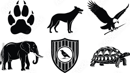 Animal Icon Set with Paw Wolf Eagle Elephant Crow Tortoise