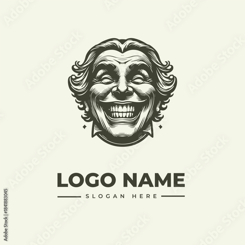A vector illustration of a joker's face logo with a smiling expression and placeholder text on a beige background.
