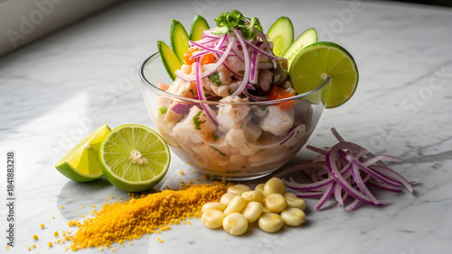 Peruvian ceviche mixto served on a marble surface with subtle indoor window light for a refined culinary ambience. Isolated on White background