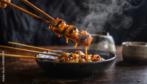 Steaming hot chicken satay skewers with rich peanut sauce dripping into a dark ceramic bowl on a rustic wooden table, ready to be enjoyed.