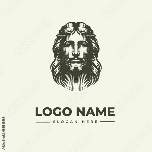 A grayscale illustration of Jesus Christ with long hair and a beard, accompanied by a placeholder logo name and slogan on a plain background, in a vector logo design.