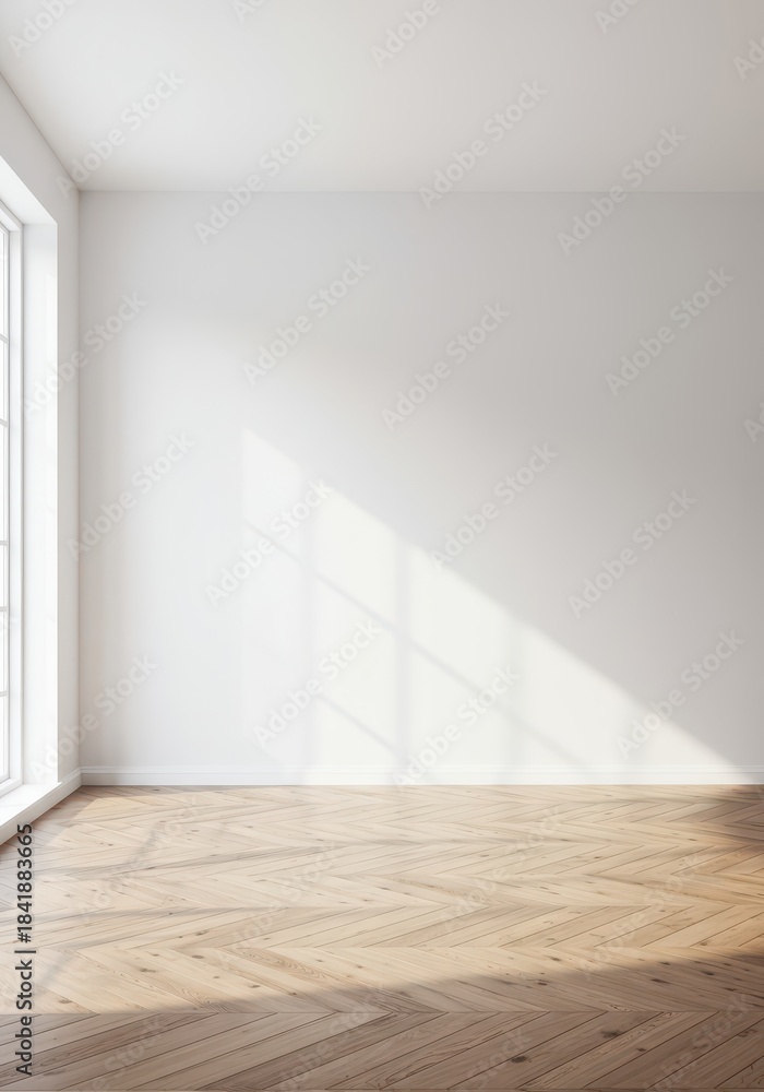Fototapeta premium Bright minimalist interior featuring seamless white walls, wooden flooring, and ample natural light flooding the modern empty room backdrop, backdrop, visualization, interior