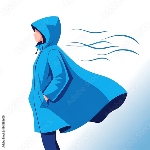 blue raincoat person wind blowing side view clip art preview