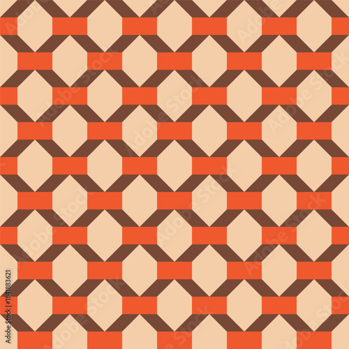 Diagonal weave pattern created from dark teal diamonds and orange rectangles against a background of pale and mid teal stripes