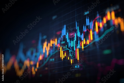 Digital stock market charts and graphs on dark blue abstract technology background