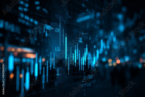 Digital stock market charts and graphs on dark blue abstract technology background