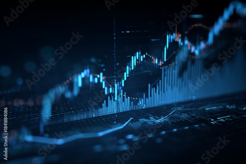 Digital stock market charts and graphs on dark blue abstract technology background