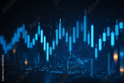 Dynamic financial chart with blue candlesticks on dark digital background, market analysis concept