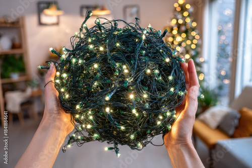 Taking down Christmas tree brings sense of nostalgia as hands hold tangled ball of glowing string lights in cozy living room with festive decor in background