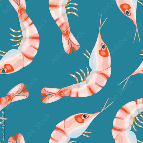 Seamless pattern with shrimp, seafood theme, hand drawn, clean vector illustration, delicate lines, simple and modern design, repeating motif, isolated, nautical aesthetics.