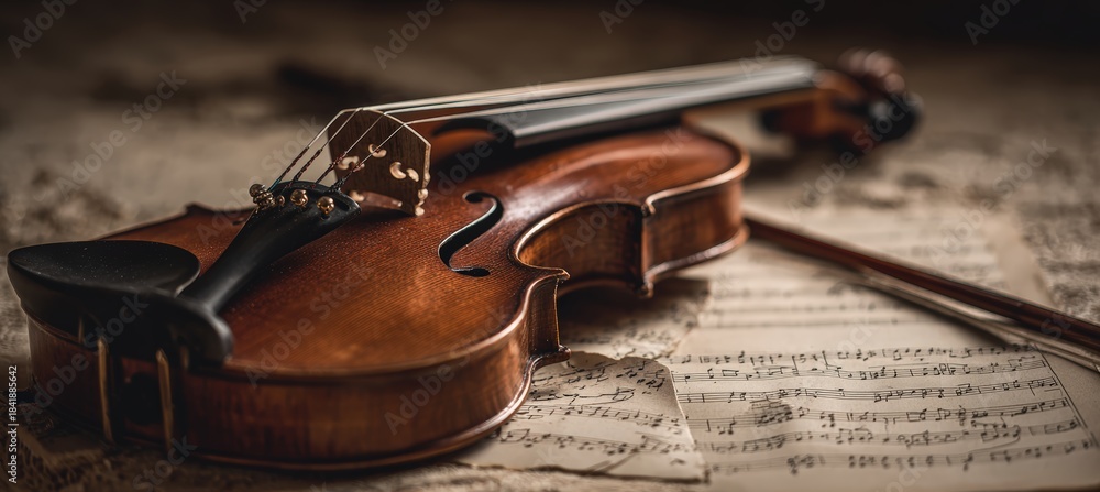 Fototapeta premium Macro Photo of Violin on Sheet Music in Warm Natural Lighting