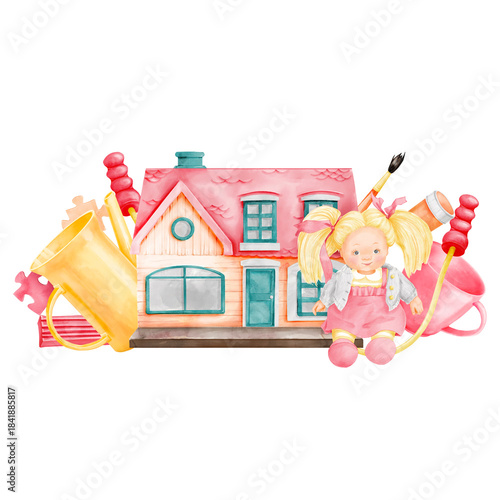 A horizontal composition of children's toys in pastel pink and yellow tones, featuring a jump rope, doll, house, tea pot, tea cup, plasticine, paintbrush. Watercolor illustration on a white background