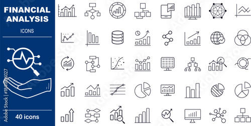 40 Line Style Financial Analysis Icons Market Data Charts, Economic Forecasting and Investment Dashboard Symbols