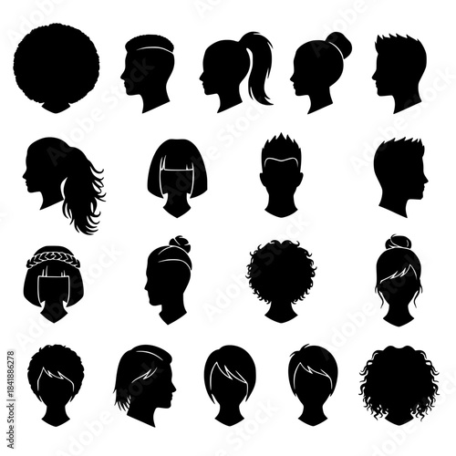Diverse profile silhouettes of people with varied hairstyles