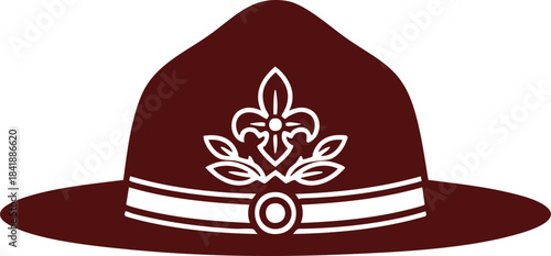 Maroon campaign hat vector illustration featuring a stylized white fleur-de-lis emblem, representing scouting leaders, park rangers, or drill sergeants in a flat design style