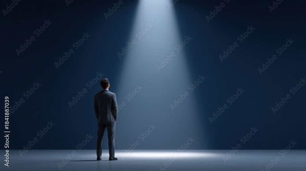 Obraz premium Solitary Businessman in a Dark Room with Spotlight on Bright Floor Reflecting Contemplation, Opportunity, and Decision-Making in Corporate Environment