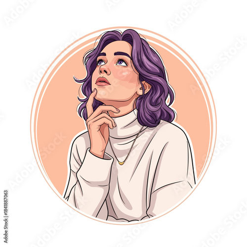 Pensive Woman with Purple Hair in Thoughtful Pose.
