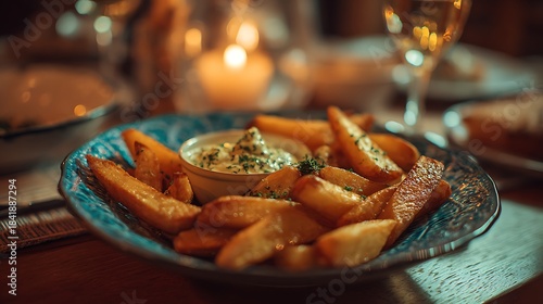 A closeup of a rustic blue patterned plate filled with golden brown potato wedges served with a creamy herb dip, set against a warm, dimly lit restaurant table